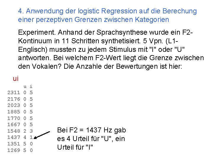 4. Anwendung der logistic Regression auf die Berechung einer perzeptiven Grenzen zwischen Kategorien Experiment.