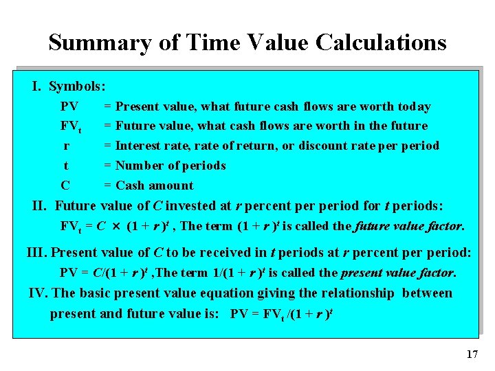 Summary of Time Value Calculations I. Symbols: PV = Present value, what future cash