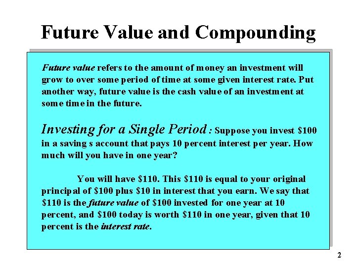 Future Value and Compounding Future value refers to the amount of money an investment