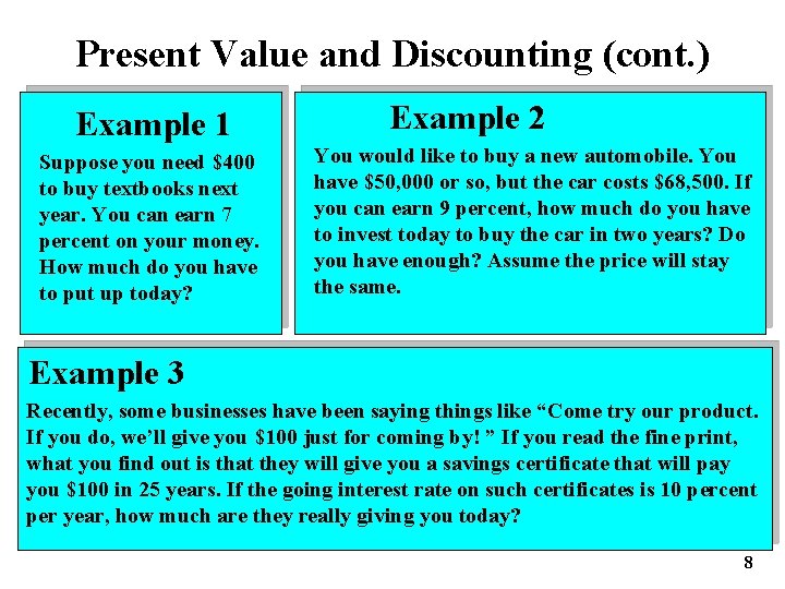 Present Value and Discounting (cont. ) Example 1 Suppose you need $400 to buy