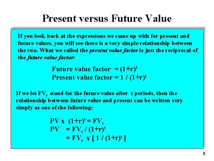 Present versus Future Value If you look back at the expressions we came up