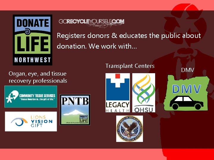 Registers donors & educates the public about donation. We work with… Organ, eye, and