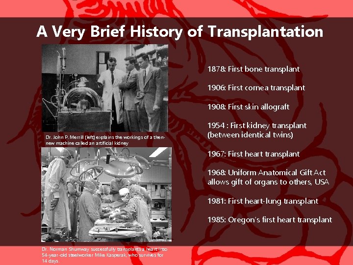 A Very Brief History of Transplantation 1878: First bone transplant 1906: First cornea transplant