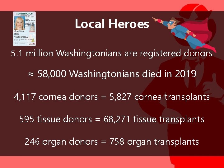 Local Heroes 5. 1 million Washingtonians are registered donors ≈ 58, 000 Washingtonians died