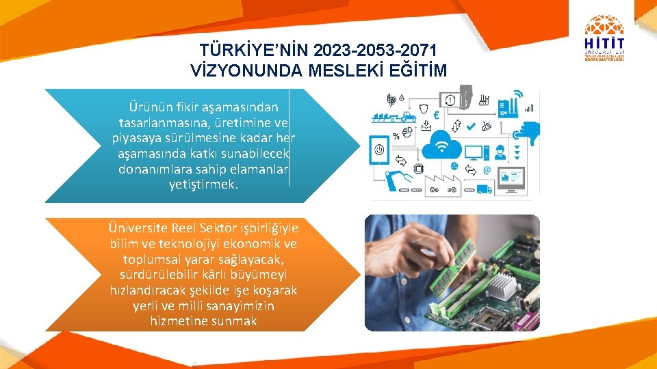 TÜRKİYE’NİN 2023 -2053 -2071 VİZYONUNDA MESLEKİ EĞİTİM Ürünün fikir aşamasından tasarlanmasına, üretimine ve piyasaya