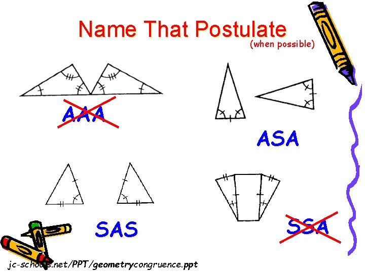 Name That Postulate (when possible) AAA SAS jc-schools. net/PPT/geometrycongruence. ppt ASA SSA 