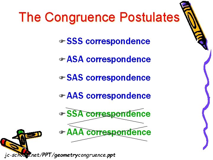 The Congruence Postulates F SSS correspondence F ASA correspondence F SAS correspondence F AAS