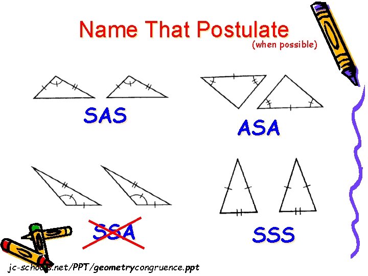 Name That Postulate (when possible) SAS SSA jc-schools. net/PPT/geometrycongruence. ppt ASA SSS 