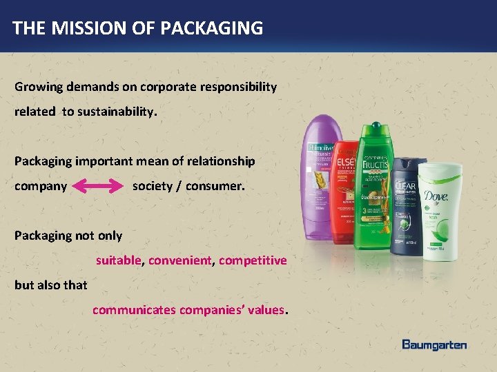 THE MISSION OF PACKAGING Growing demands on corporate responsibility related to sustainability. Packaging important