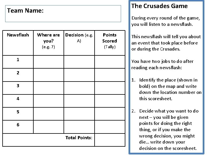 The Crusades Game Team Name: During every round of the game, you will listen