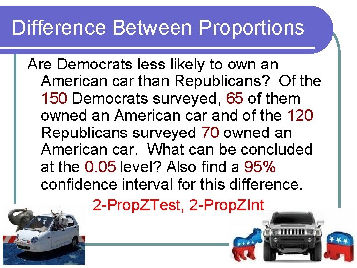 Difference Between Proportions Are Democrats less likely to own an American car than Republicans? Difference Between Proportions Are Democrats less likely to own an American car than Republicans?