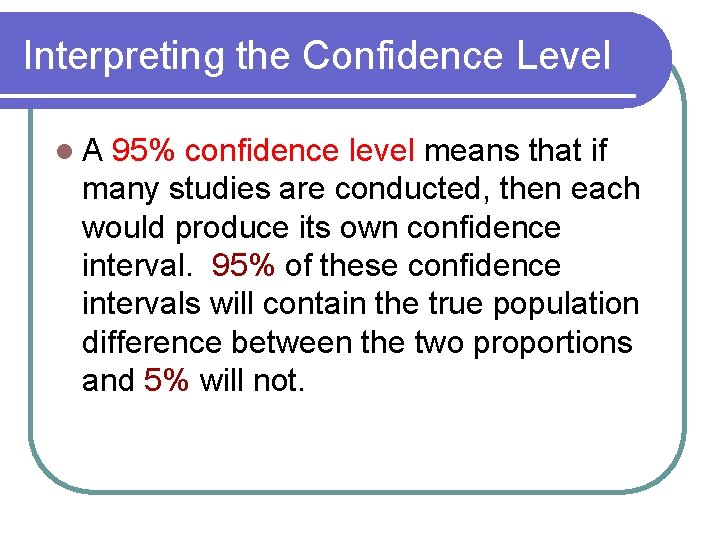 Interpreting the Confidence Level l. A 95% confidence level means that if many studies Interpreting the Confidence Level l. A 95% confidence level means that if many studies