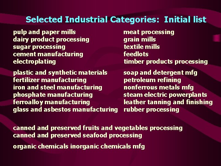 Selected Industrial Categories: Initial list pulp and paper mills dairy product processing sugar processing