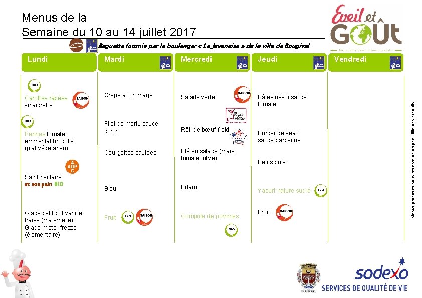 Menus de la Semaine du 10 au 14 juillet 2017 Baguette fournie par le