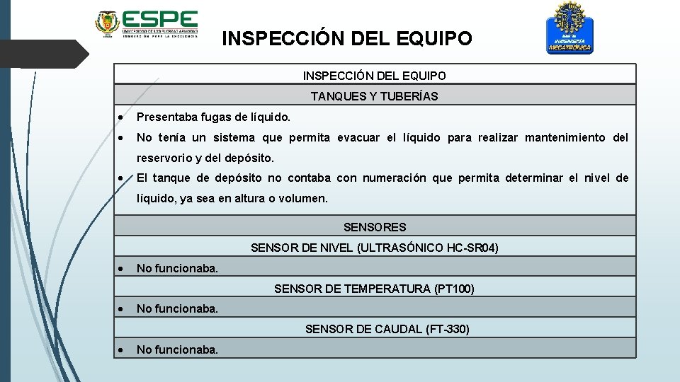 INSPECCIÓN DEL EQUIPO TANQUES Y TUBERÍAS Presentaba fugas de líquido. No tenía un sistema