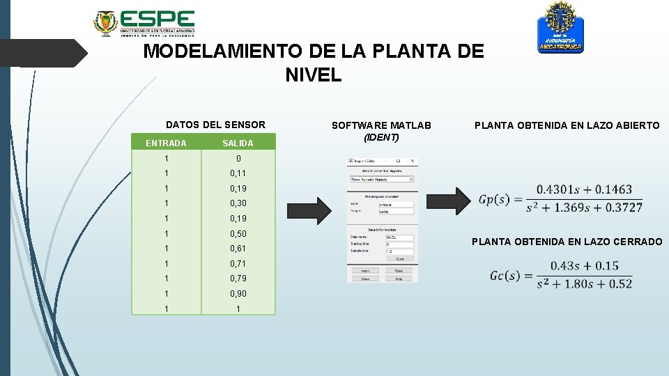 MODELAMIENTO DE LA PLANTA DE NIVEL DATOS DEL SENSOR ENTRADA SALIDA 1 0, 11