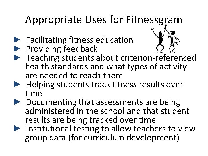 Appropriate Uses for Fitnessgram ► Facilitating fitness education ► Providing feedback ► Teaching students Appropriate Uses for Fitnessgram ► Facilitating fitness education ► Providing feedback ► Teaching students