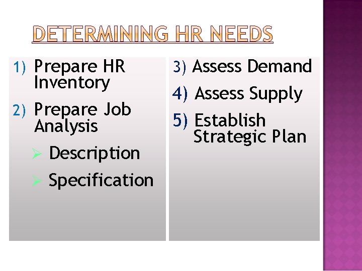 1) Prepare HR Inventory 2) Prepare Job Analysis Ø Description Ø Specification 3) Assess 1) Prepare HR Inventory 2) Prepare Job Analysis Ø Description Ø Specification 3) Assess