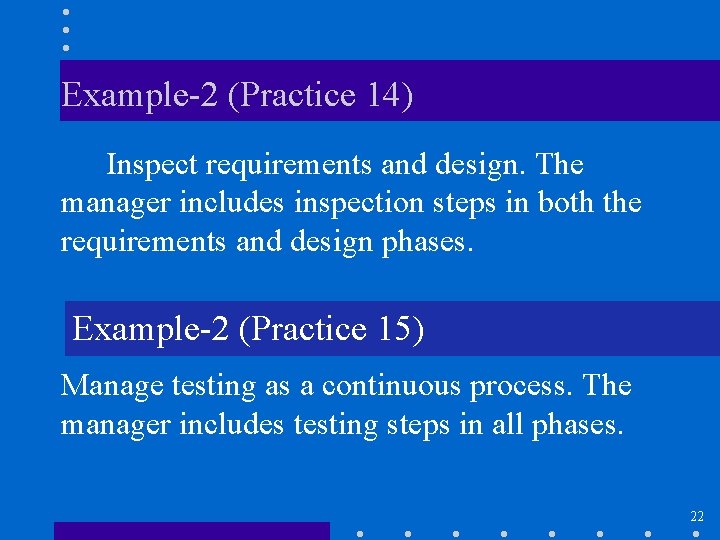 Example-2 (Practice 14) Inspect requirements and design. The manager includes inspection steps in both