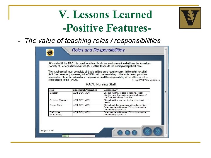 V. Lessons Learned -Positive Features- The value of teaching roles / responsibilities 