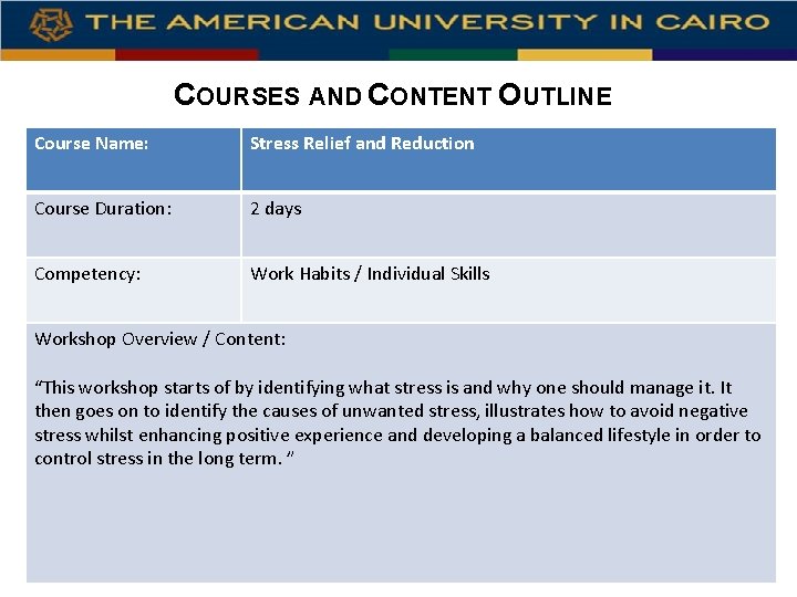 COURSES AND CONTENT OUTLINE Course Name: Stress Relief and Reduction Course Duration: 2 days