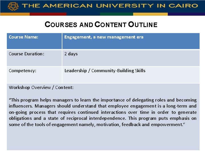 COURSES AND CONTENT OUTLINE Course Name: Engagement, a new management era Course Duration: 2