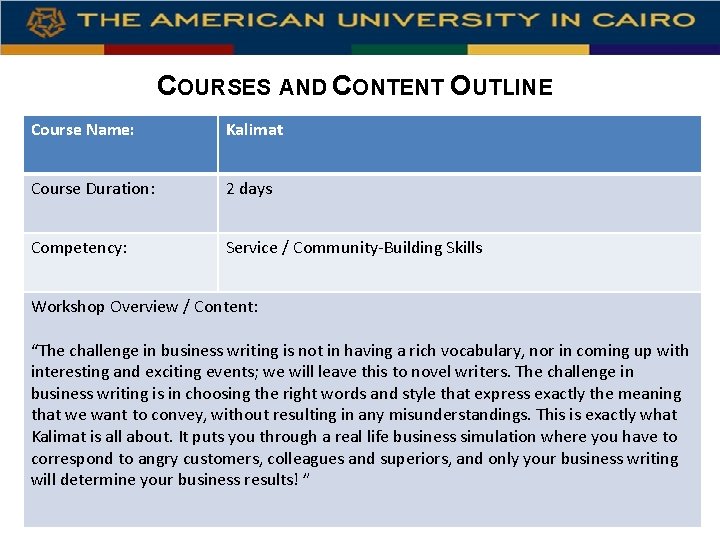 COURSES AND CONTENT OUTLINE Course Name: Kalimat Course Duration: 2 days Competency: Service /