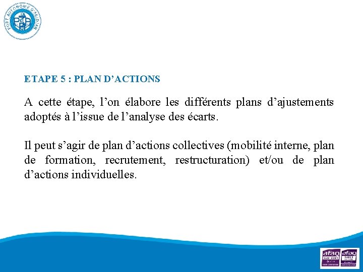 ETAPE 5 : PLAN D’ACTIONS A cette étape, l’on élabore les différents plans d’ajustements