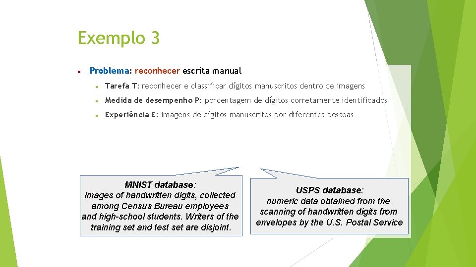 Exemplo 3 Problema: reconhecer escrita manual Tarefa T: reconhecer e classificar dígitos manuscritos dentro