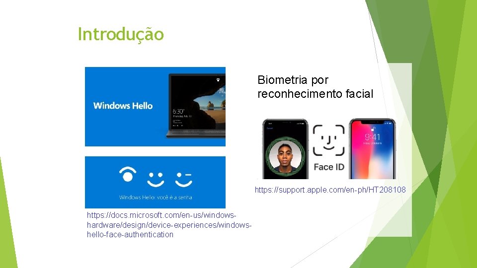 Introdução Biometria por reconhecimento facial https: //support. apple. com/en-ph/HT 208108 https: //docs. microsoft. com/en-us/windowshardware/design/device-experiences/windowshello-face-authentication