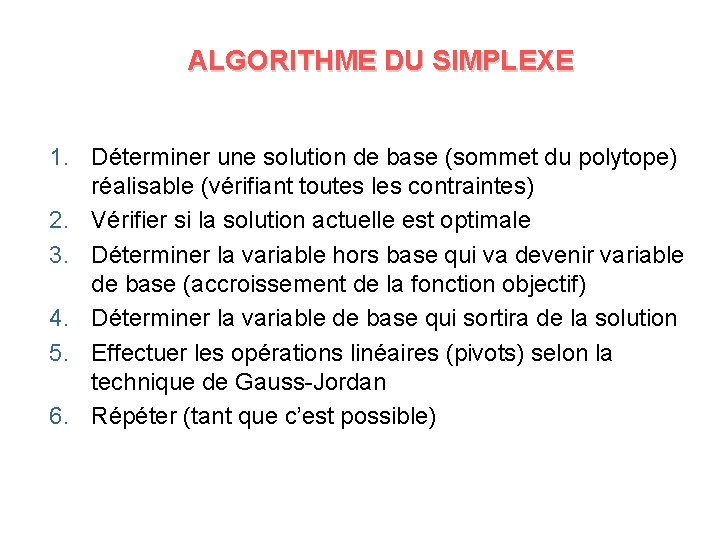 ALGORITHME DU SIMPLEXE 1. Déterminer une solution de base (sommet du polytope) réalisable (vérifiant