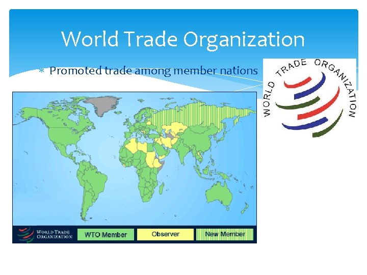 World Trade Organization Promoted trade among member nations 