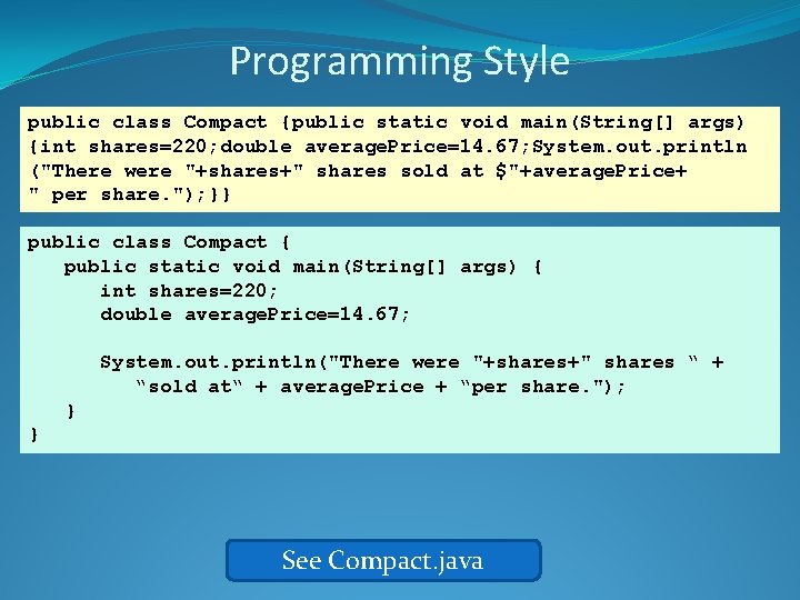 Programming Style public class Compact {public static void main(String[] args) {int shares=220; double average.