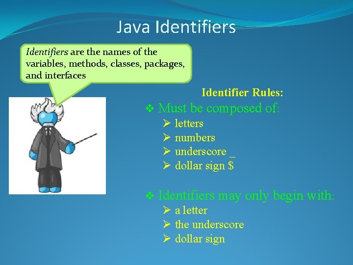 Java Identifiers are the names of the variables, methods, classes, packages, and interfaces Identifier