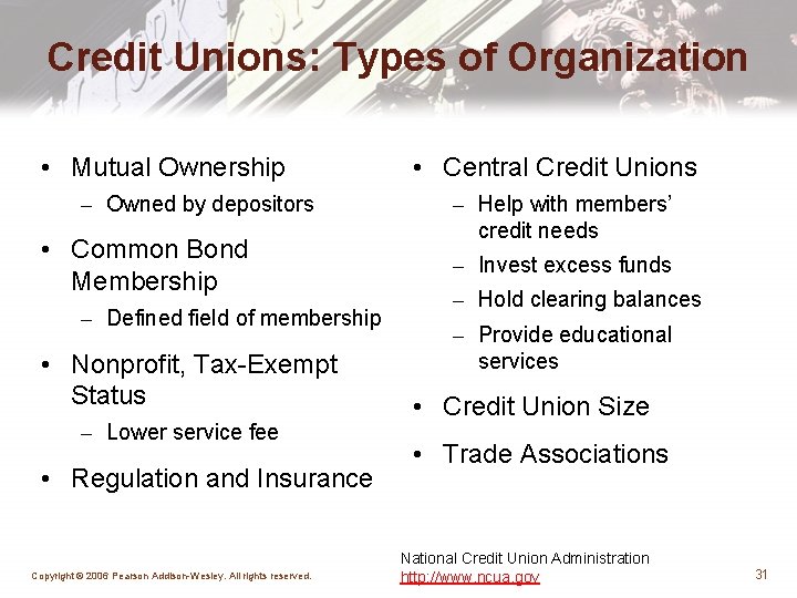 Credit Unions: Types of Organization • Mutual Ownership – Owned by depositors • Common