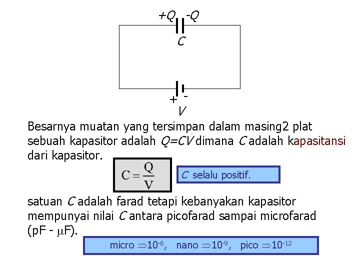 +Q -Q C + - V Besarnya muatan yang tersimpan dalam masing 2 plat