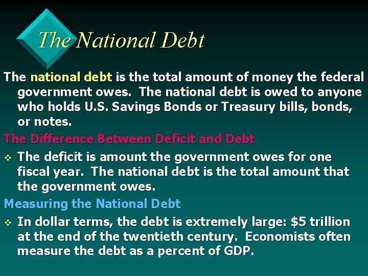 The National Debt The national debt is the total amount of money the federal