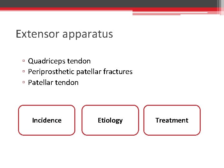 Extensor apparatus ▫ Quadriceps tendon ▫ Periprosthetic patellar fractures ▫ Patellar tendon Incidence Etiology