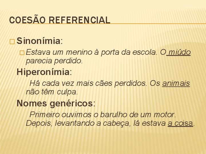 COESÃO REFERENCIAL � Sinonímia: � Estava um menino à porta da escola. O miúdo