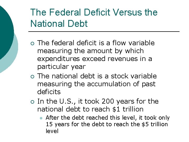 The Federal Deficit Versus the National Debt ¡ ¡ ¡ The federal deficit is