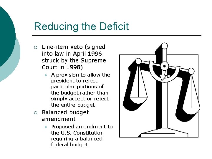 Reducing the Deficit ¡ Line-item veto (signed into law in April 1996 struck by