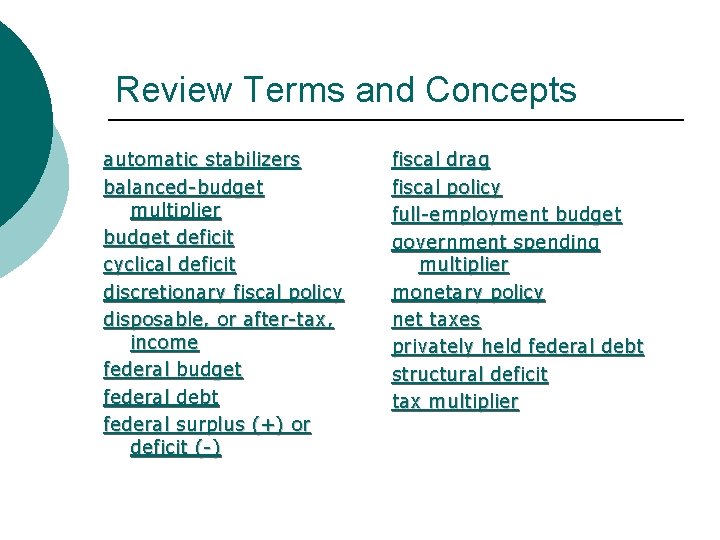 Review Terms and Concepts automatic stabilizers balanced-budget multiplier budget deficit cyclical deficit discretionary fiscal