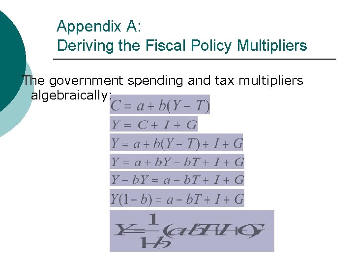 Appendix A: Deriving the Fiscal Policy Multipliers The government spending and tax multipliers algebraically: