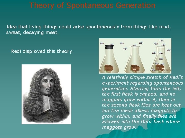 Theory of Spontaneous Generation Idea that living things could arise spontaneously from things like