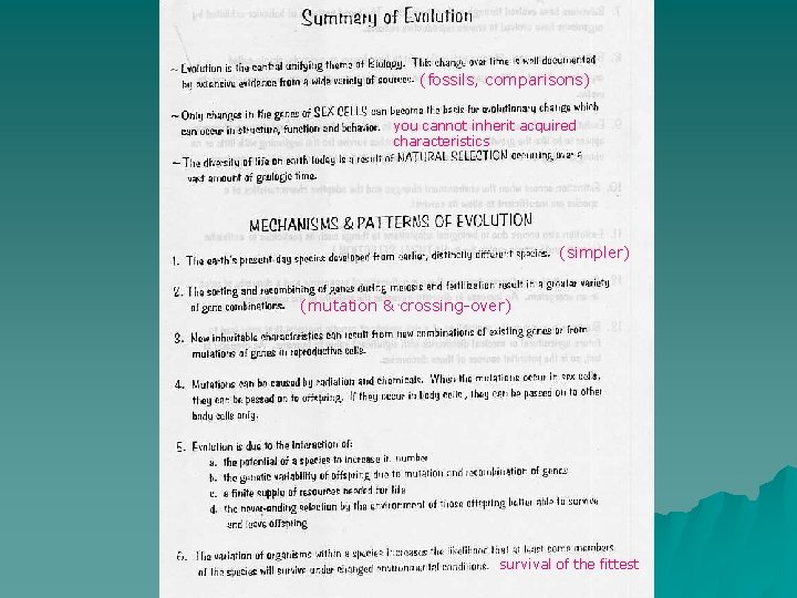 (fossils, comparisons) you cannot inherit acquired characteristics (simpler) (mutation & crossing-over) survival of the