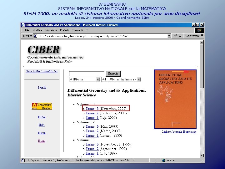 IV SEMINARIO SISTEMA INFORMATIVO NAZIONALE per la MATEMATICA SINM 2000: un modello di sistema