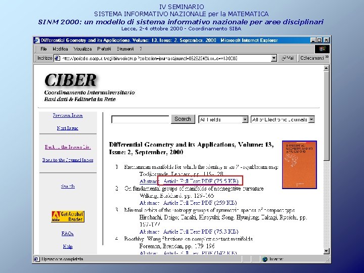 IV SEMINARIO SISTEMA INFORMATIVO NAZIONALE per la MATEMATICA SINM 2000: un modello di sistema