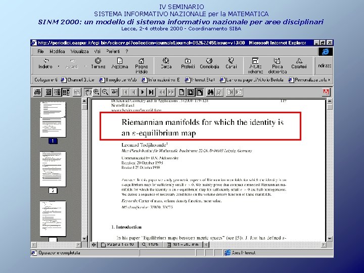 IV SEMINARIO SISTEMA INFORMATIVO NAZIONALE per la MATEMATICA SINM 2000: un modello di sistema