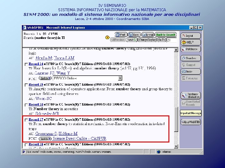 IV SEMINARIO SISTEMA INFORMATIVO NAZIONALE per la MATEMATICA SINM 2000: un modello di sistema