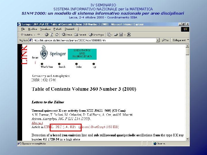 IV SEMINARIO SISTEMA INFORMATIVO NAZIONALE per la MATEMATICA SINM 2000: un modello di sistema